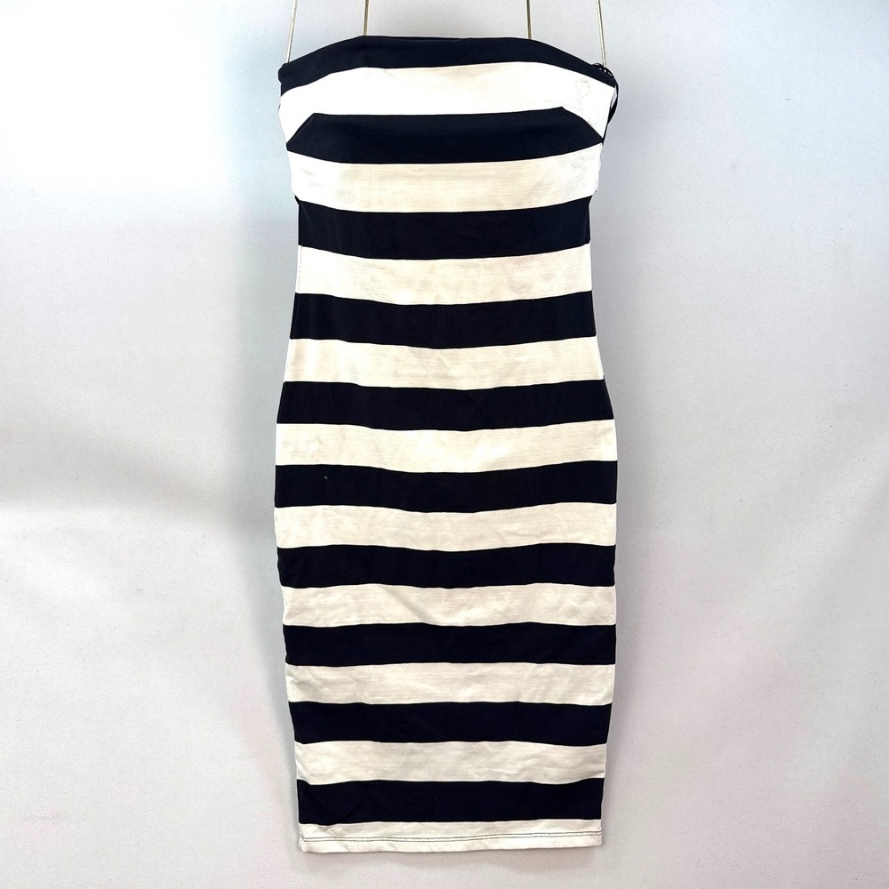 Bebe Black White Striped Bodycon Tube Dress Strapless Midi Small Made in USA